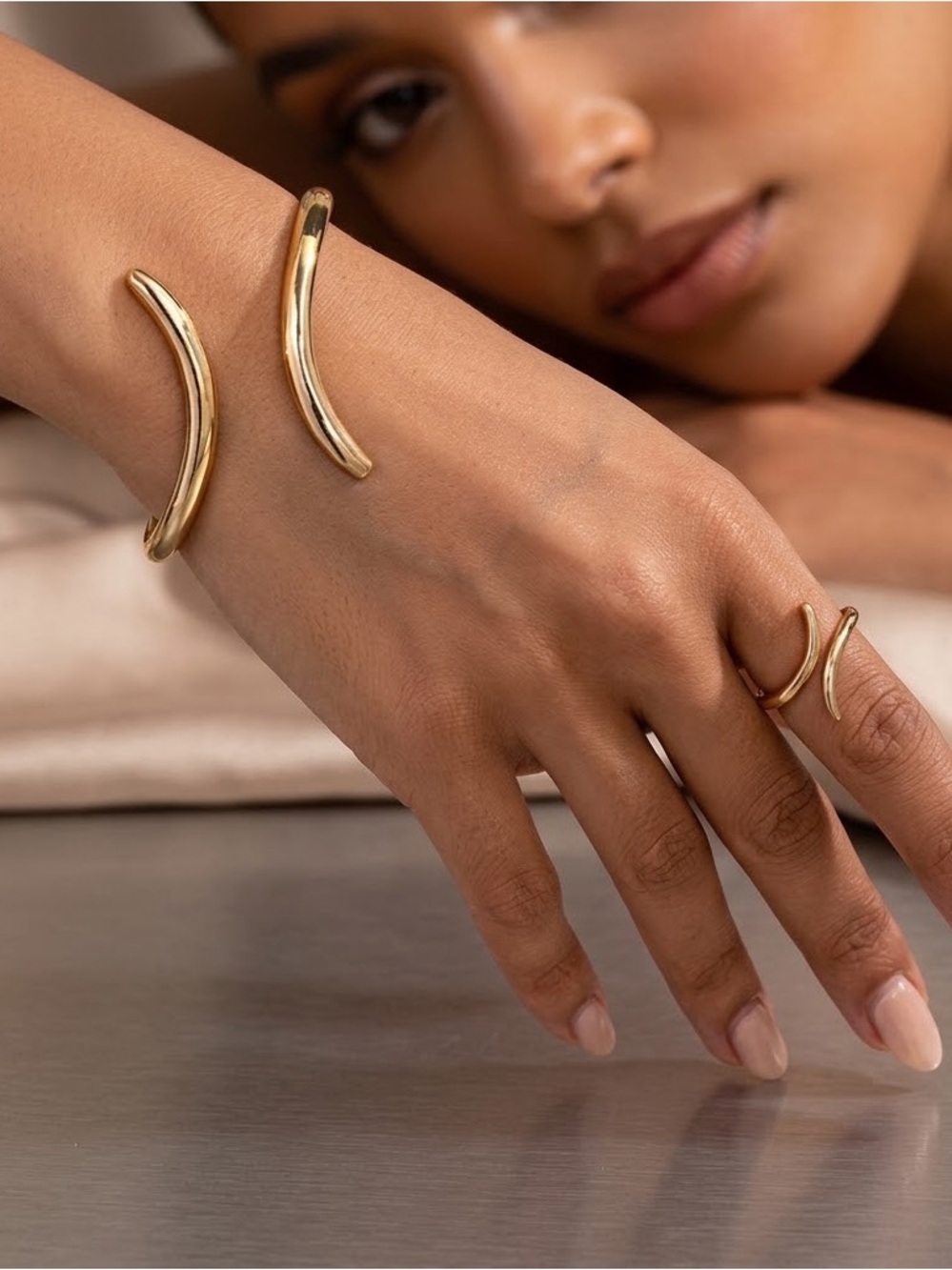 Minimalist Curved Gold Cuff Bracelet & Ring Set NEW
